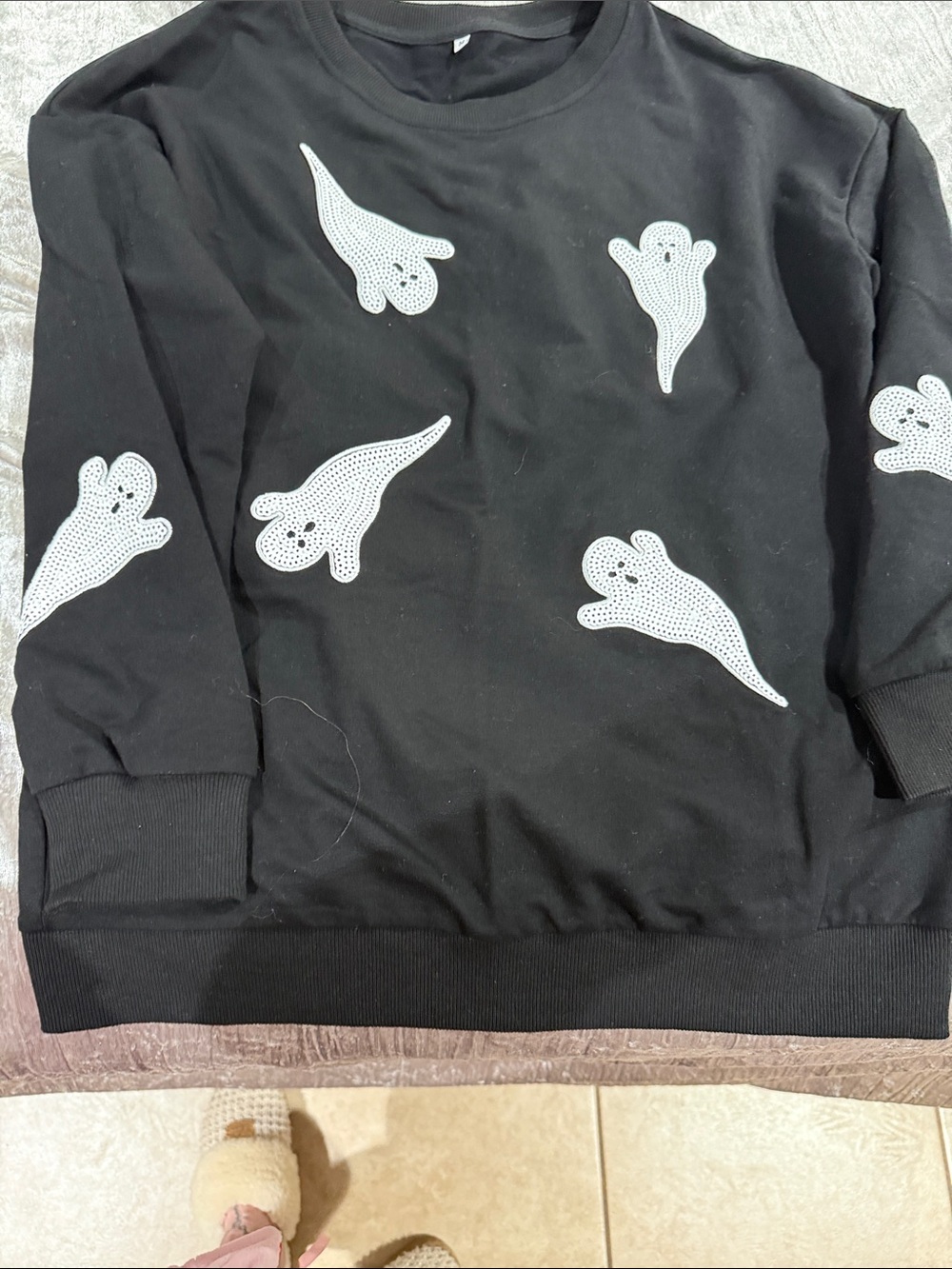 Black Crewneck Sweatshirt with White Ghost Motifs